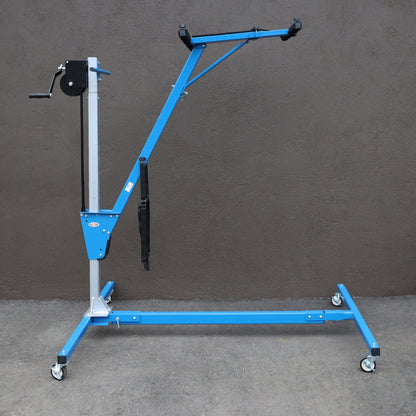 Side view of expanded blue steel hardtop lift tool, enabling safe and easy one-person removal of Bronco hard top panels.