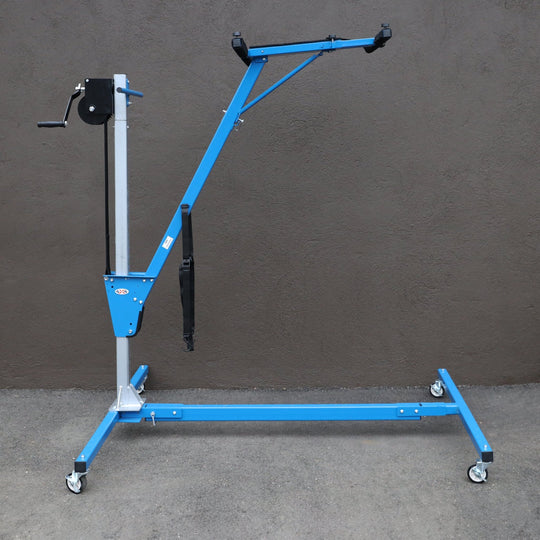 Side view of expanded blue steel hardtop lift tool, enabling safe and easy one-person removal of Bronco hard top panels.
