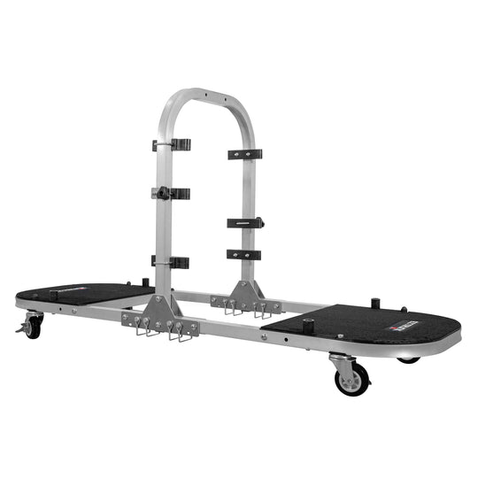 Expanded, empty EZ4X4 aluminum door cart against white background, showing durable frame and ready-to-use storage design.