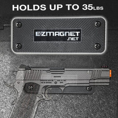 Rubber-coated magnetic gun holder with text 'Holds up to 35 lbs,' showcasing secure firearm storage for vehicles or home use.