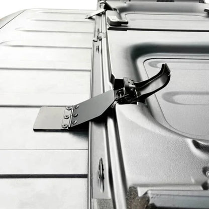 Close-up of EZ FlipTop hinge mechanism installed on Jeep roof, showcasing durable hardware for easy panel operation.
