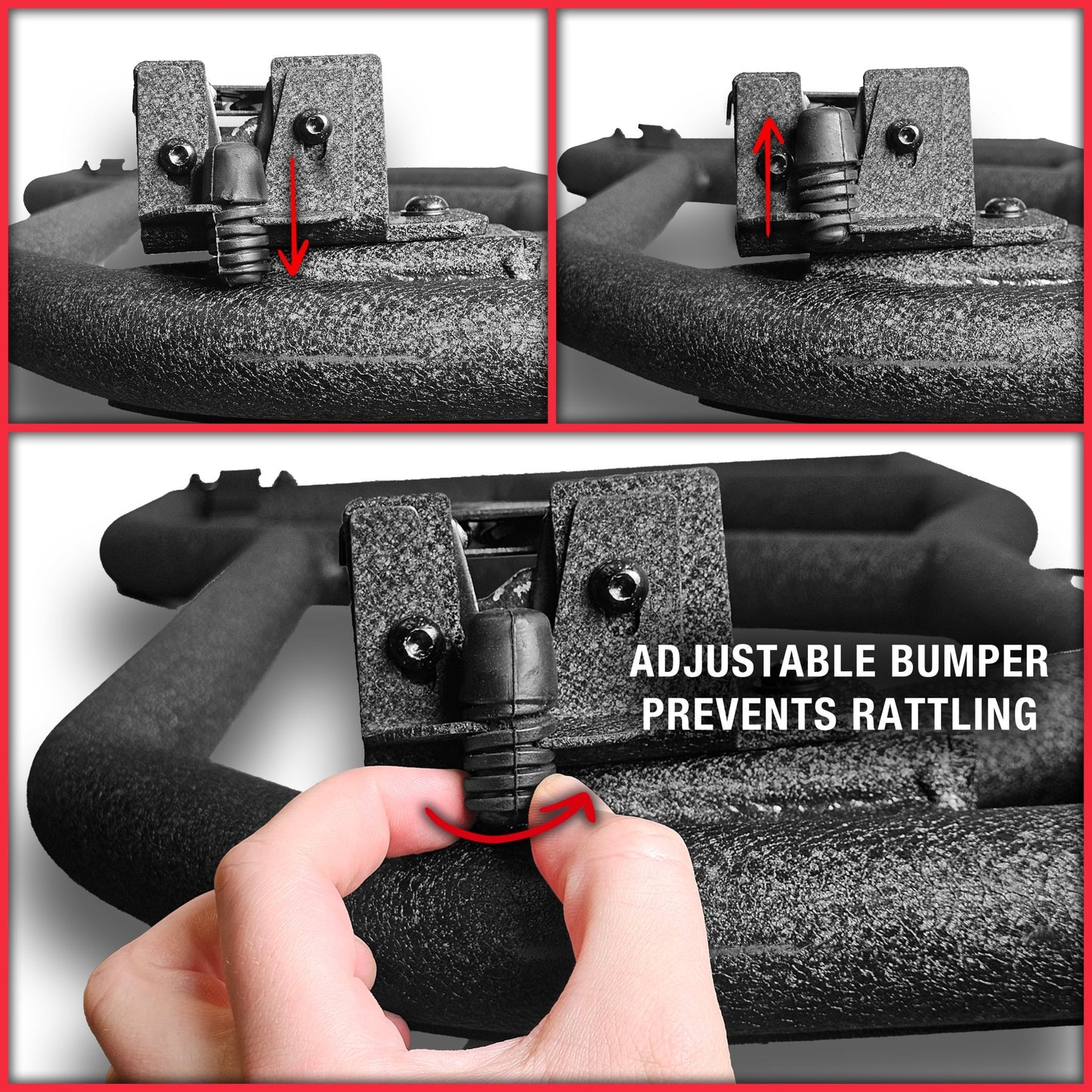 Adjustable bumper system with close-up and hand demo, showing rattle prevention and secure fit for vehicle accessories.