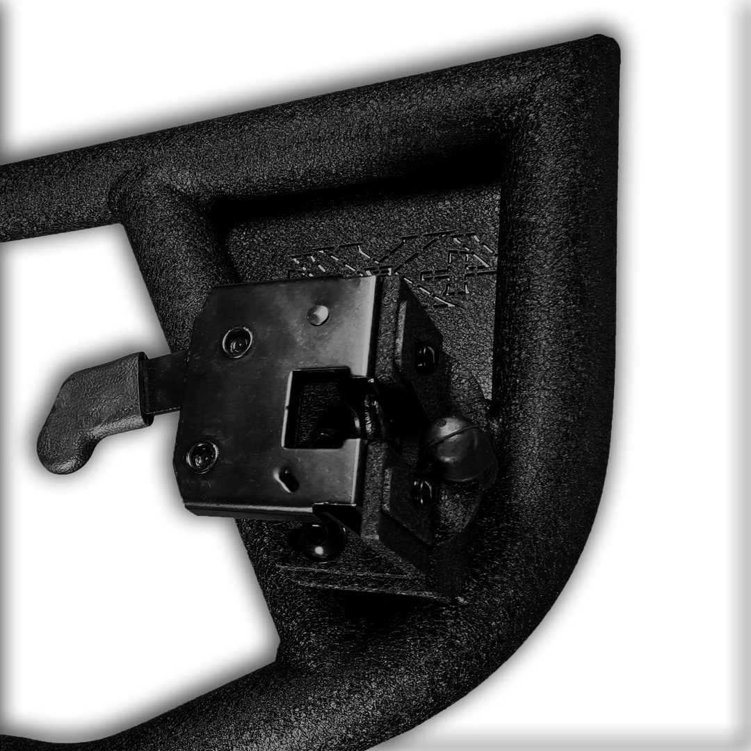 Close-up of locking hinge mechanism open on EZ4X4 black Razor tube doors, showing secure design.