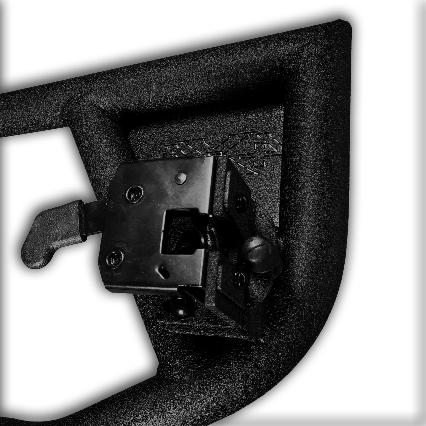 Close-up of locking hinge mechanism open on EZ4X4 black Razor tube doors, showing secure design.