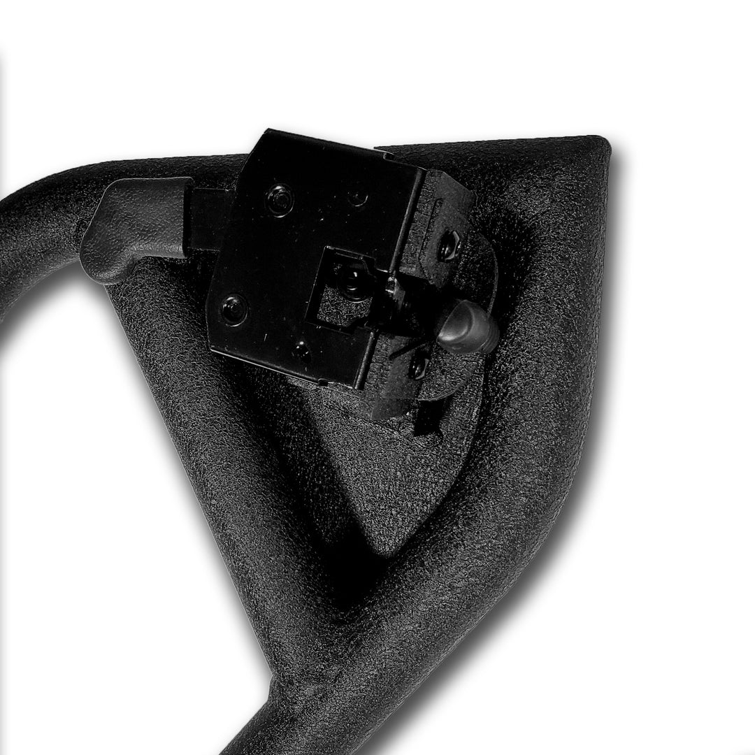 Close-up of locking hinge mechanism closed on EZ4X4 black Razor tube doors, showing secure design.