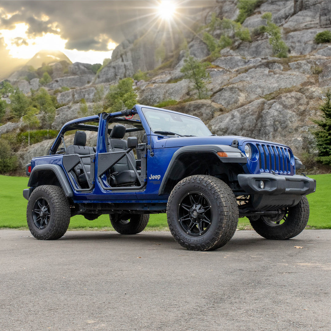 Blue Jeep Wrangler parked outdoors and equipped with EZ4X4 black Phantom Tube Doors.
