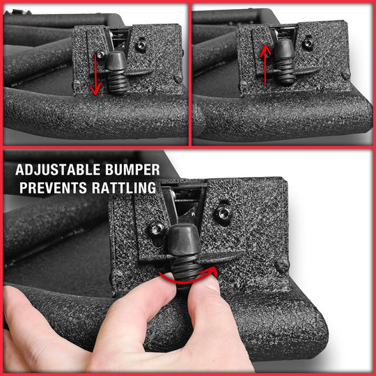 Adjustable bumper prevents rattling—close-up view highlights secure, noise-free fit for off-road and daily driving.
