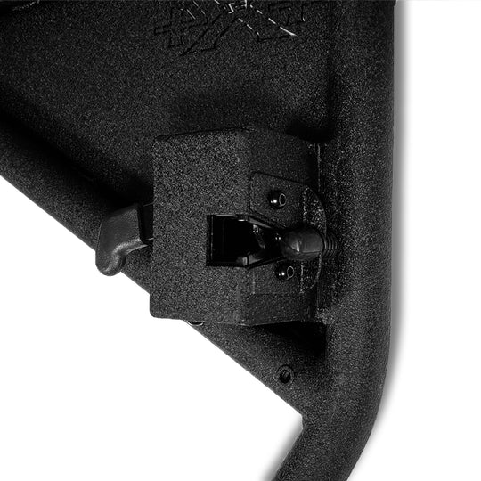 Close-up of locking mechanism on black EZ4X4 Razor half-tube front doors, highlighting secure, durable construction.