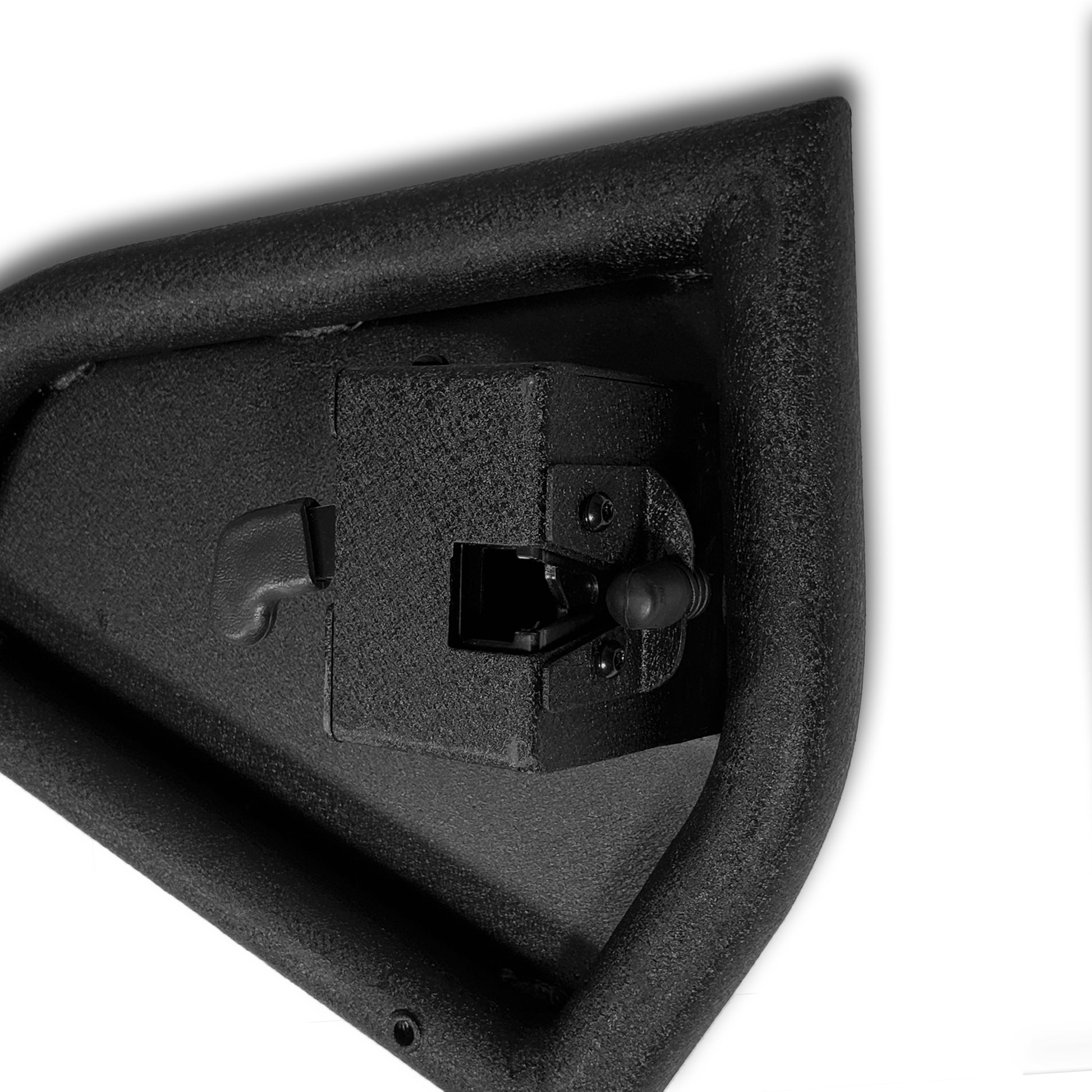 Close-up of locking mechanism on black EZ4X4 Phantom full tube rear doors, highlighting secure, durable construction.