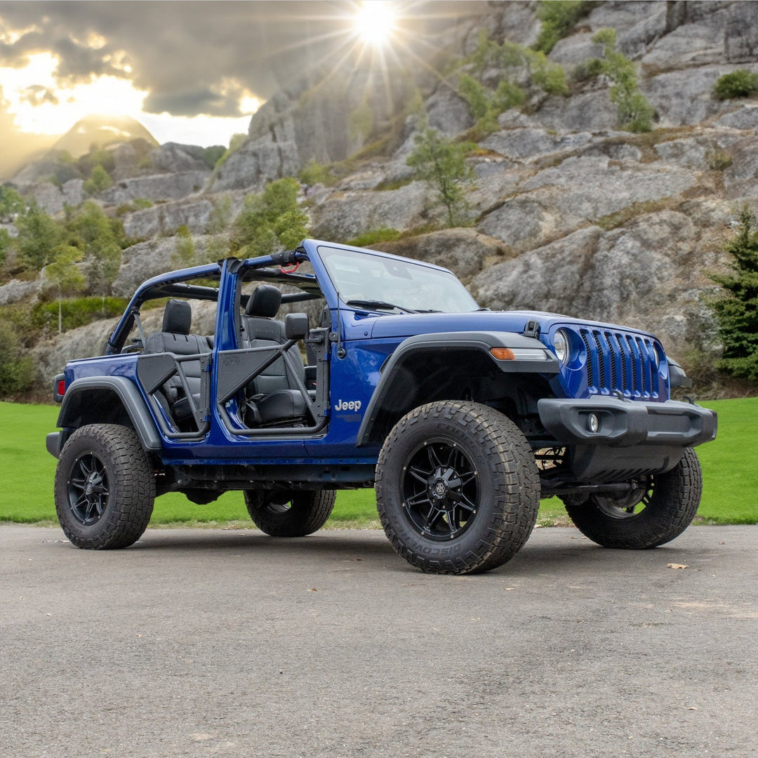 Blue Jeep with black removable Phantom aluminum doors, featuring modular design and off-road protection with rugged style.