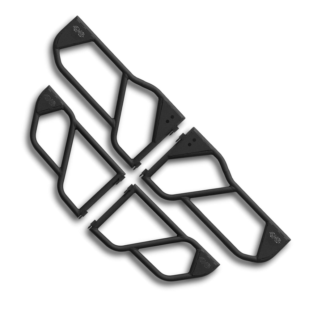 Close-up of EZ4X4 black aluminum Razor half tube doors on white background, showcasing rugged build and detailed design.