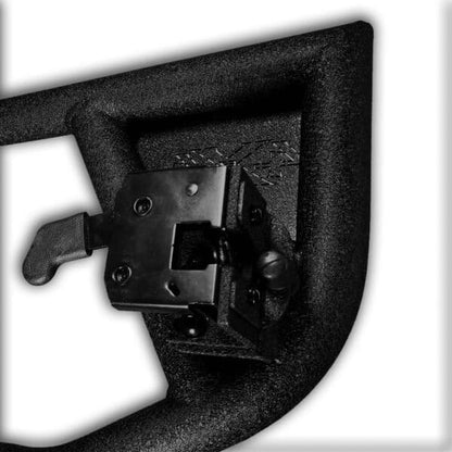 Close-up of locking hinge mechanism open on EZ4X4 black Razor tube doors, showing secure design.
