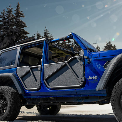 Blue Jeep with black Phantom aluminum doors and all-weather panels installed, showcasing its removable trail-ready design.