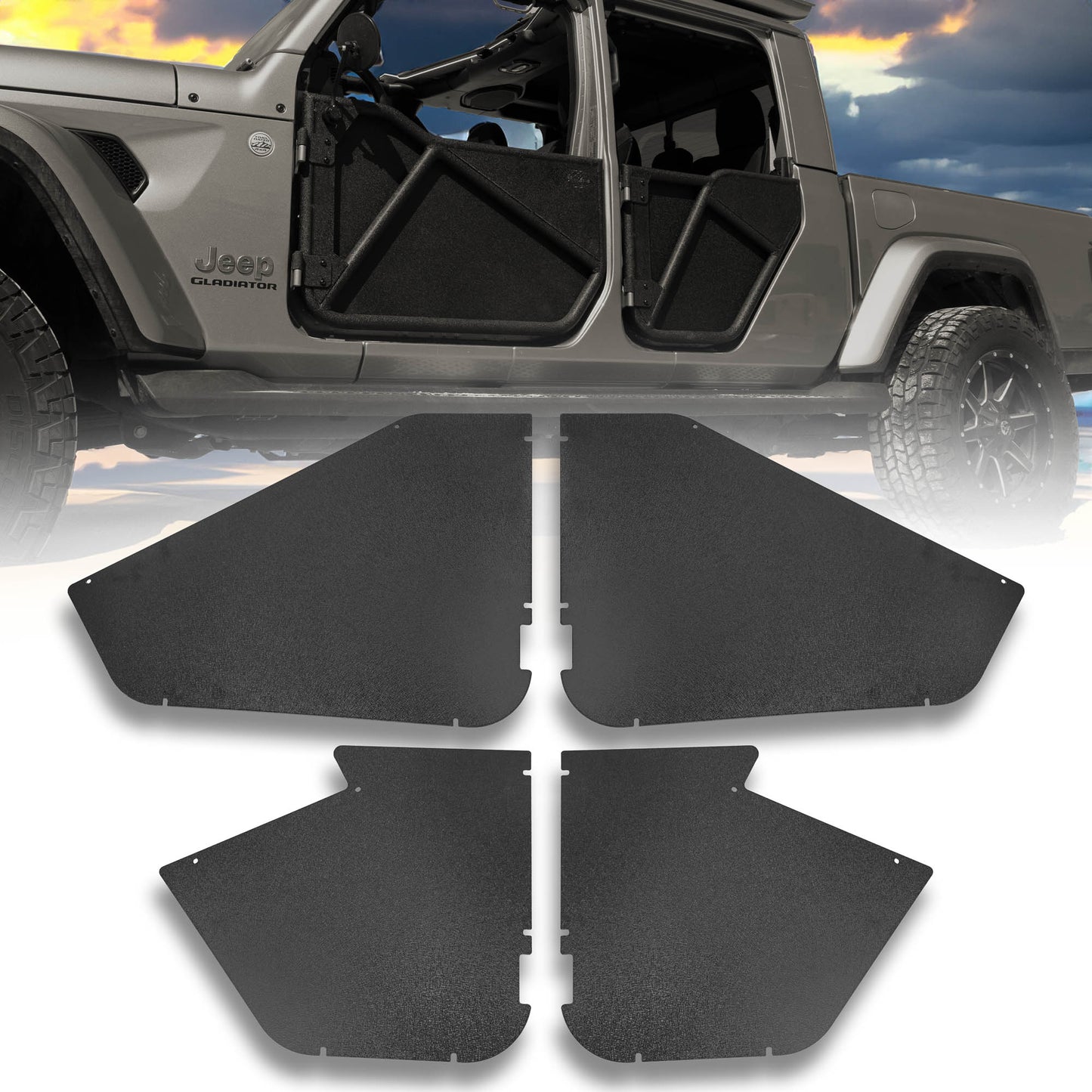 Grey Jeep Gladiator with black Phantom aluminum doors and all-weather panels, showcasing rugged, removable, off-road design.