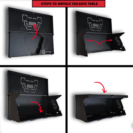 Step-by-step image guide showing how to unfold Jeep tailgate table—highlighting quick setup, space-saving, and rugged design.