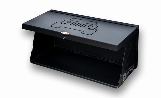 Close-up of black EZ4x4 Deluxe Tailgate Table on white background, highlighting compact, durable, and space-saving design.