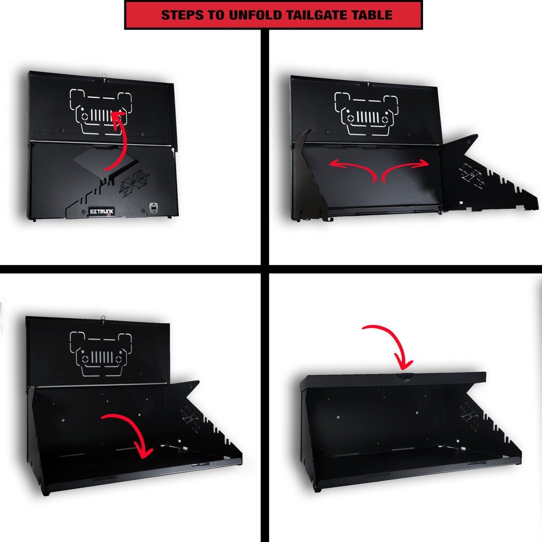 Step-by-step guide with arrows showing how to unfold the Extreme Folding Tailgate Table for easy setup.