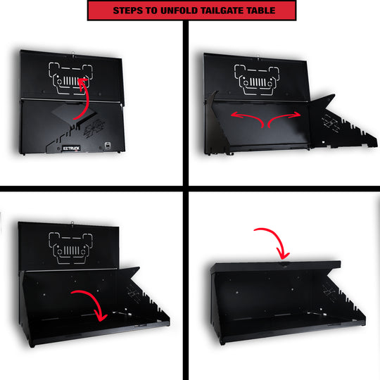 Step-by-step guide with arrows showing how to unfold the Extreme Folding Tailgate Table for easy setup.