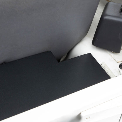 Overhead right side of EZ4X4 EZTrunk installed in white Jeep TJ with cargo door closed, showing secure storage setup.