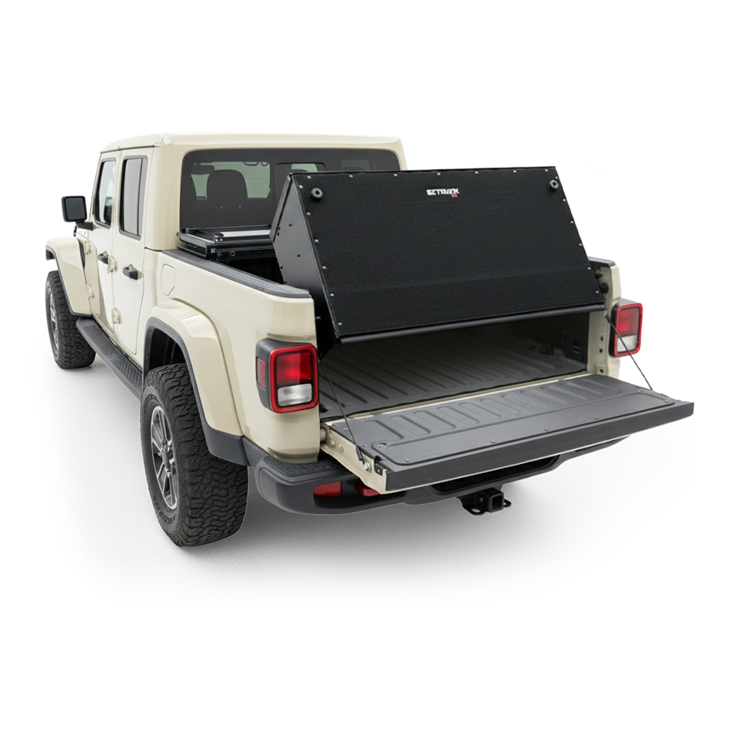 EZ4X4 Secure Bed Box open and transitioning to Tailgate Extender on a tan Jeep Gladiator.