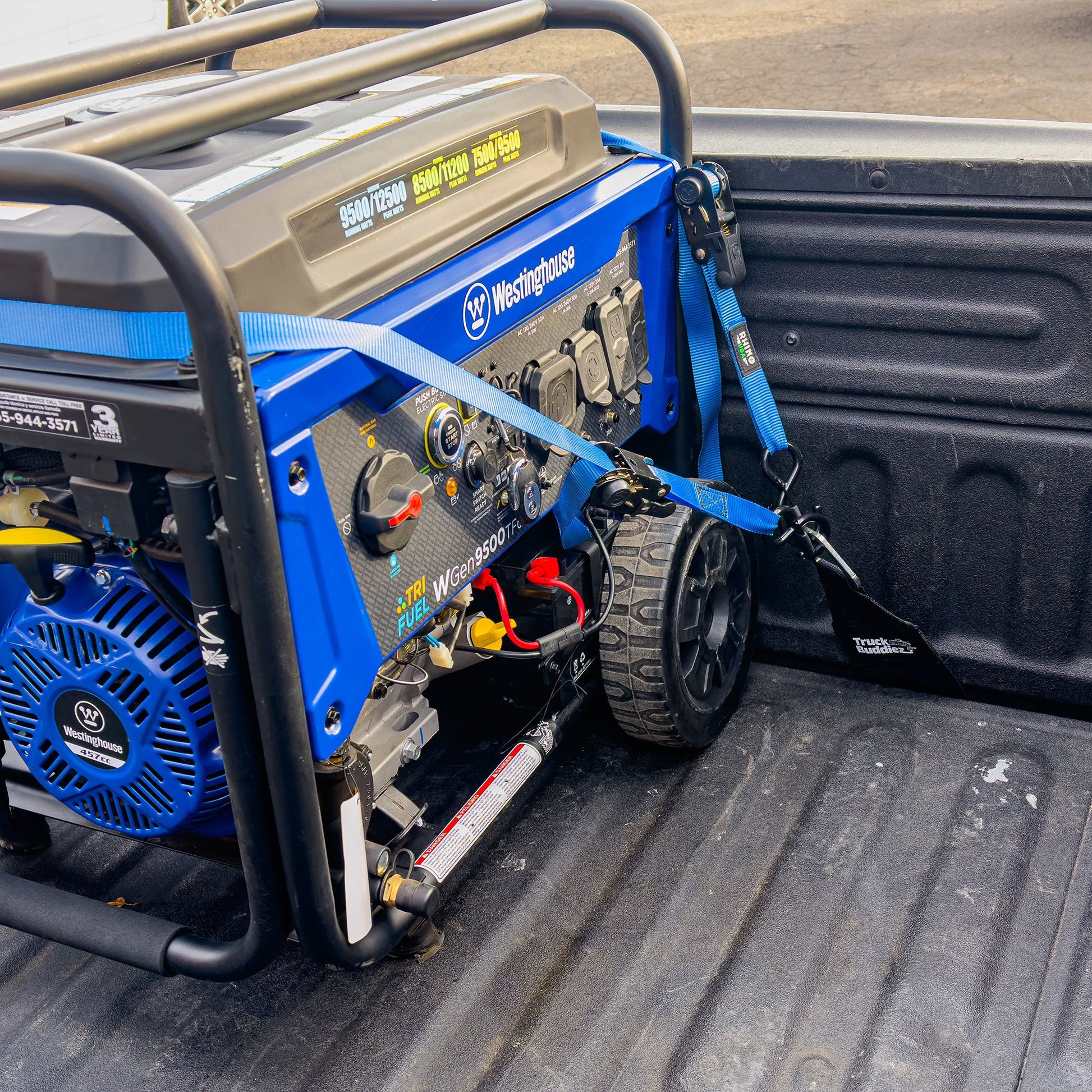 Truck Buddiez straps securing generator in truck bed, offering heavy-duty, reliable cargo safety for work and off-road use.