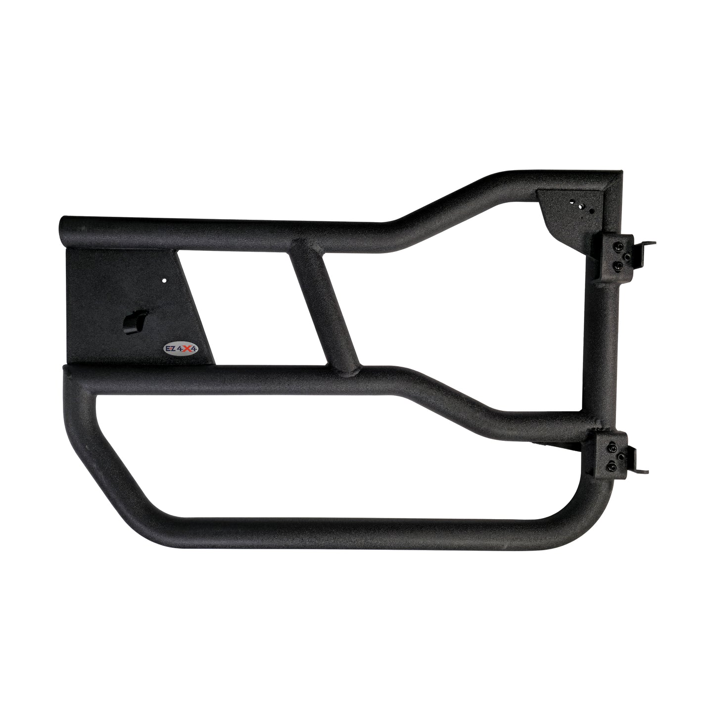 Close-up of black aluminum Alpha doors for Ford Bronco, showing durable construction and unique design features.