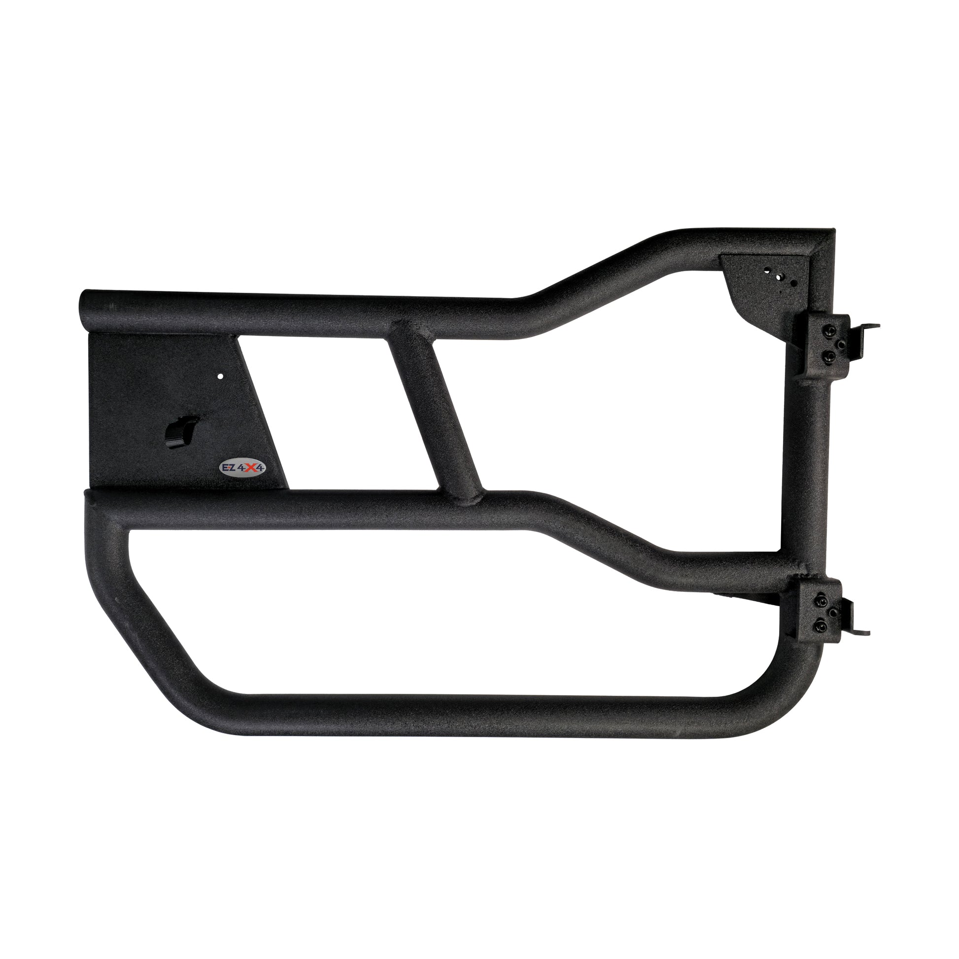 Close-up of black aluminum Alpha doors for Ford Bronco, showing durable construction and unique design features.