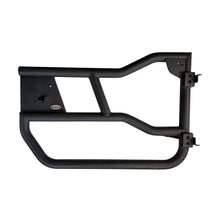 Close-up of black aluminum Alpha doors for Ford Bronco, showing durable construction and unique design features.