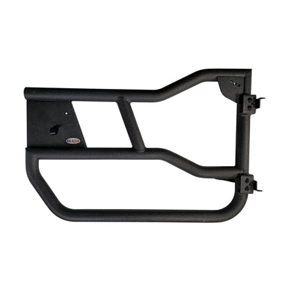 Close-up of black aluminum Alpha doors for Ford Bronco, showing durable construction and unique design features.