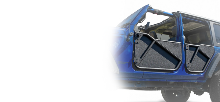Blue Jeep Wrangler with black EZ4X4 Phantom Tube Doors and All-Weather Panels.