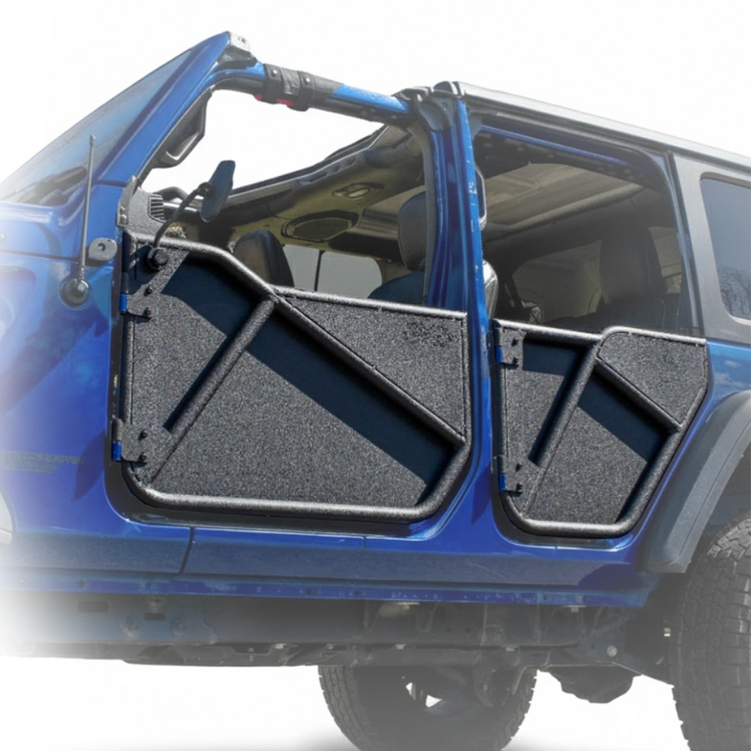 EZ4X4 Phantom Tube Doors with All-Weather Panels installed on a blue Jeep Wrangler, front and rear doors shown.
