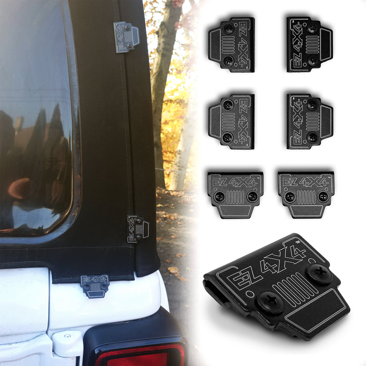 Aftermarket 6-pack Jeep Wrangler soft top clips—close-up and installed views show secure fitment and easy attachment.