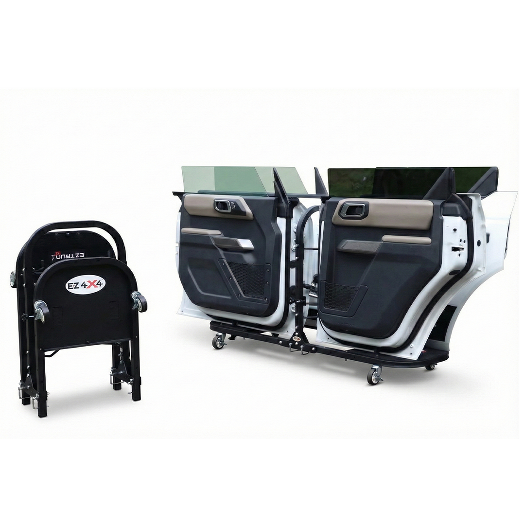 Black EZ4X4 door cart shown folded and unfolded, holding four white Ford Bronco doors.
