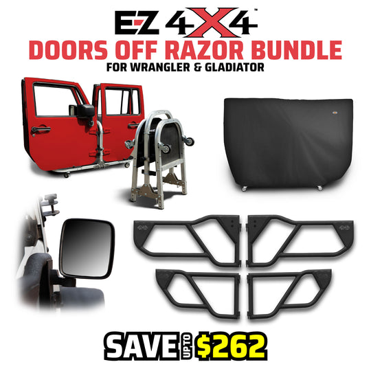 EZ4x4 Doors Off Razor Bundle for Jeep Wrangler and Gladiator. Includes aluminum folding door cart, door cart cover, razor tube doors, and side mirrors.