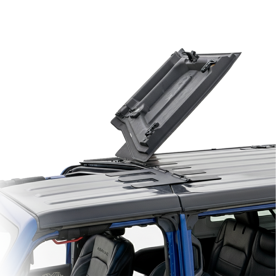 Blue Jeep Wrangler with freedom panel flipped back and secured using the EZ4X4 EZ FlipTop system.