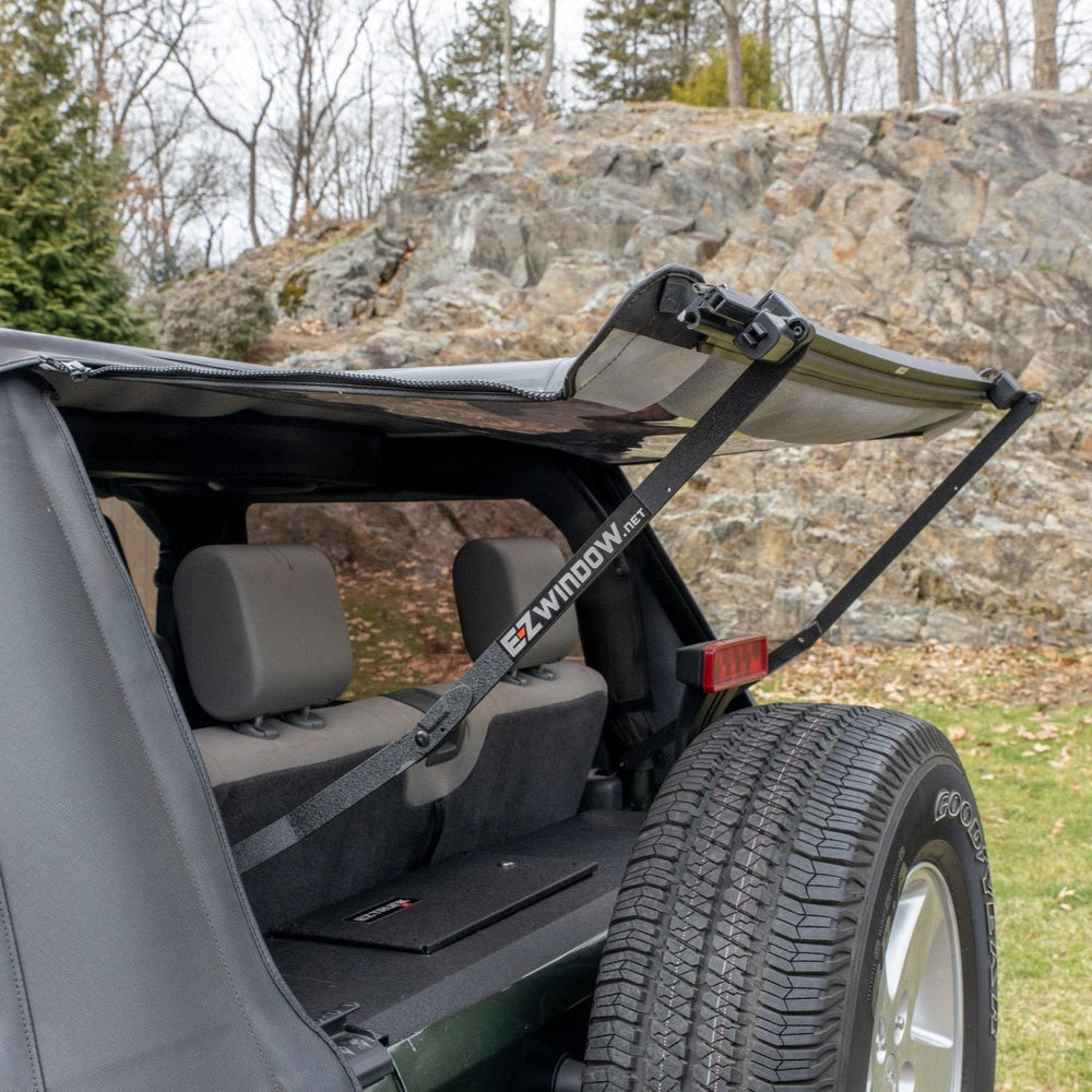 Angled view of EZWindow slanted for soft-top Jeep Wranglers, showing improved ventilation and rear access.
