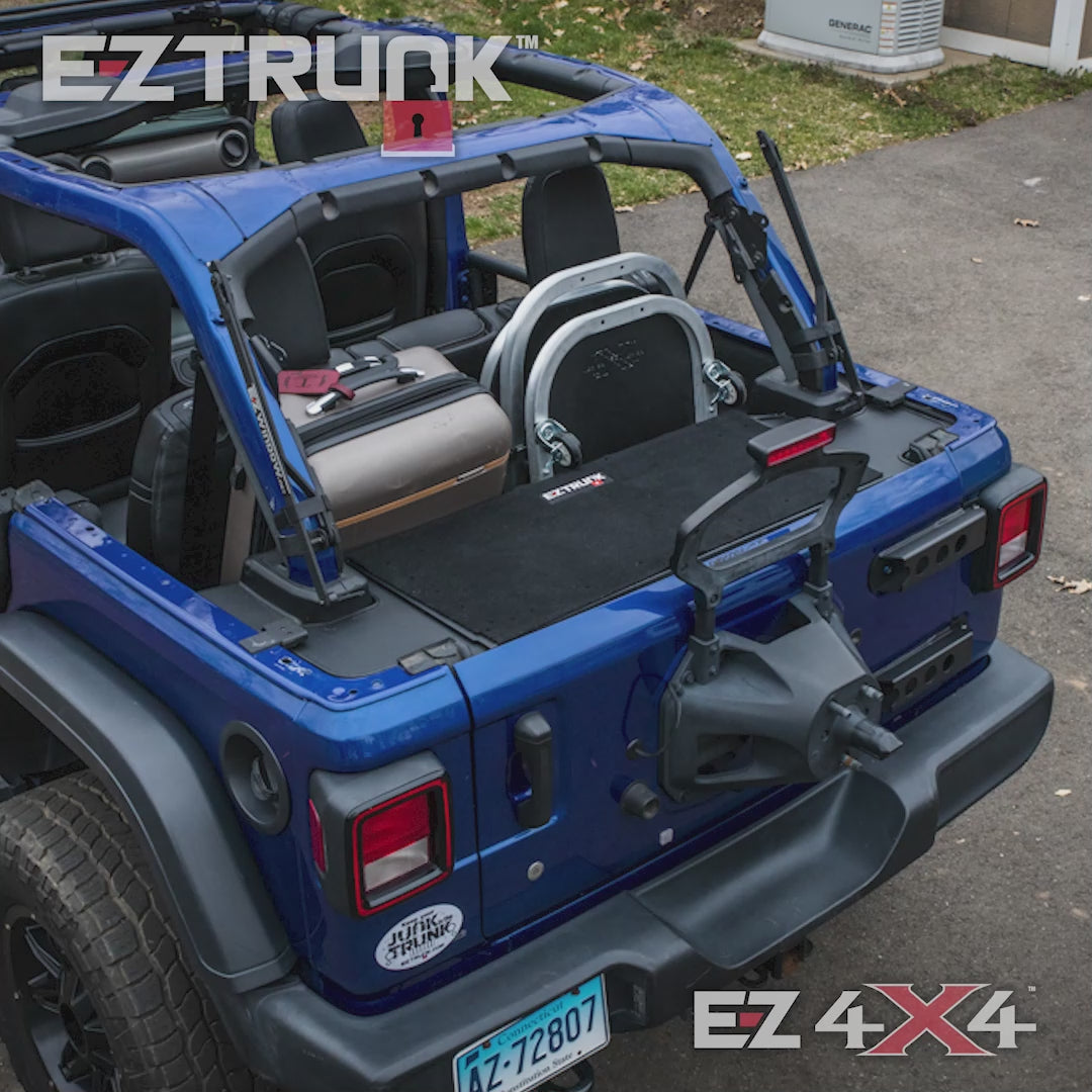 Video showing people setting up EZTrunk in various vehicles, highlighting universal fit, easy install, and secure cargo storage.