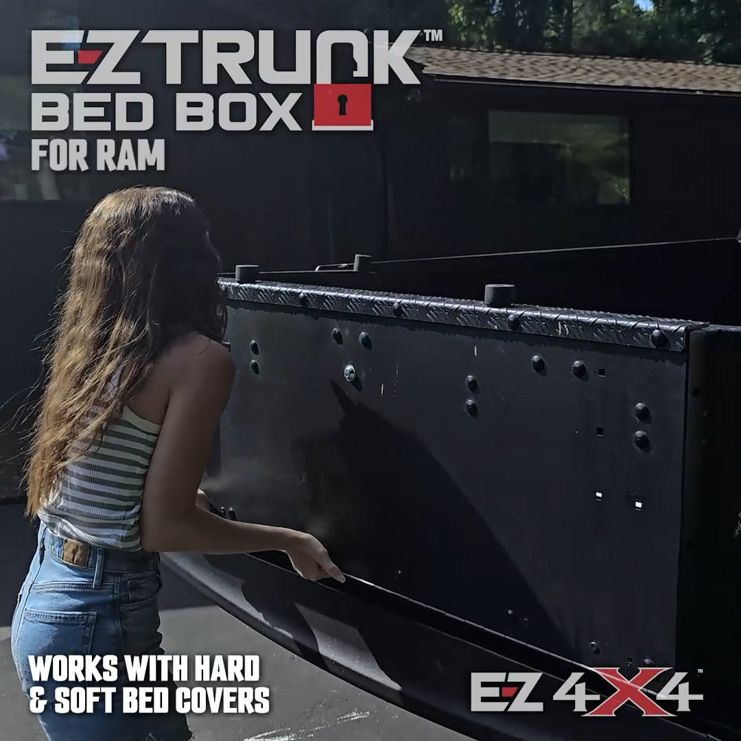 Video showing people using EZ4X4 bed box and trunk extension for Dodge Ram trucks, highlighting easy setup and secure cargo storage.
