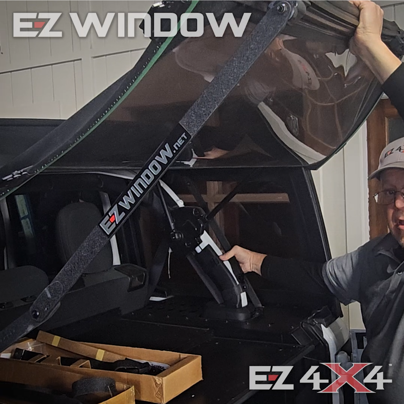 EZ4X4 EZWindow product overview on white Jeep Wrangler.
