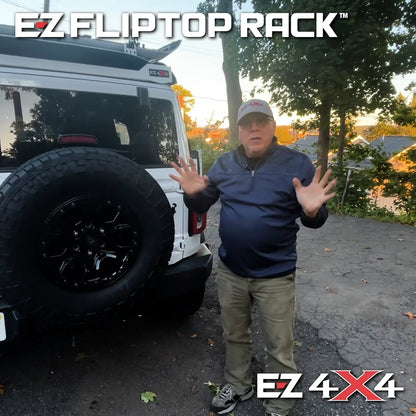 Video of a man demonstrating the EZ FlipTop and middle panel roof rack holder on a four-door Ford Bronco.