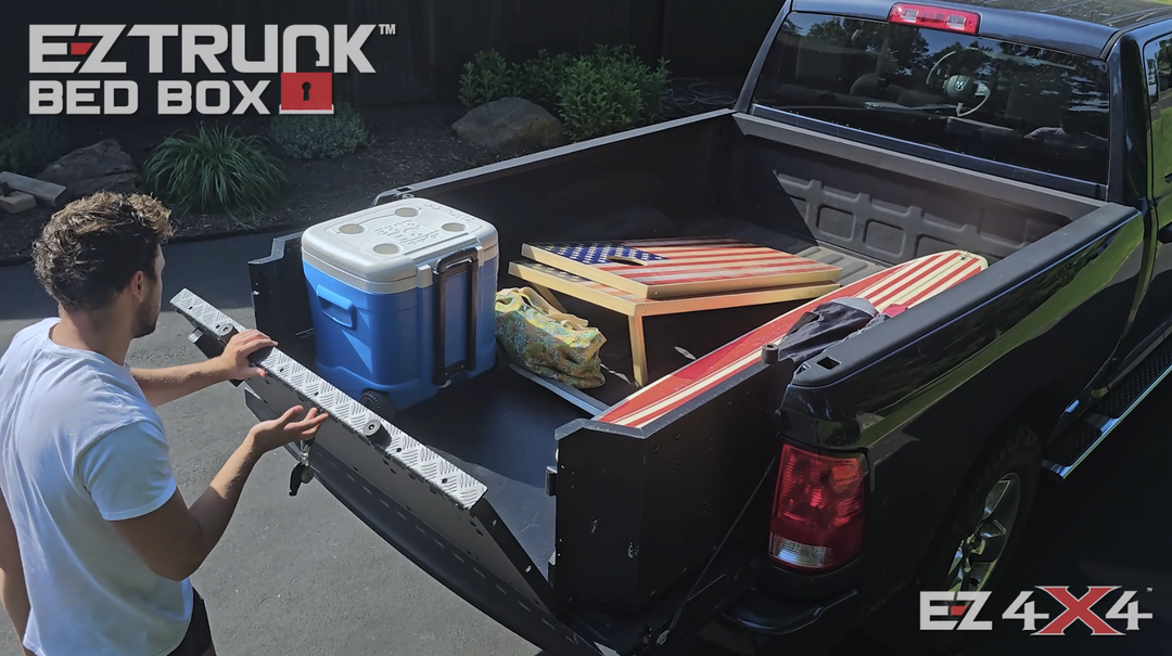 Video showing people using EZ4X4 bed box and trunk extension for Dodge Ram trucks, highlighting easy setup and secure cargo storage.