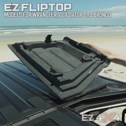 Video modeling EZ FlipTop on Jeep Wrangler, Jeep Gladiator, and Ford Bronco, showcasing versatility, fit, and easy operation.