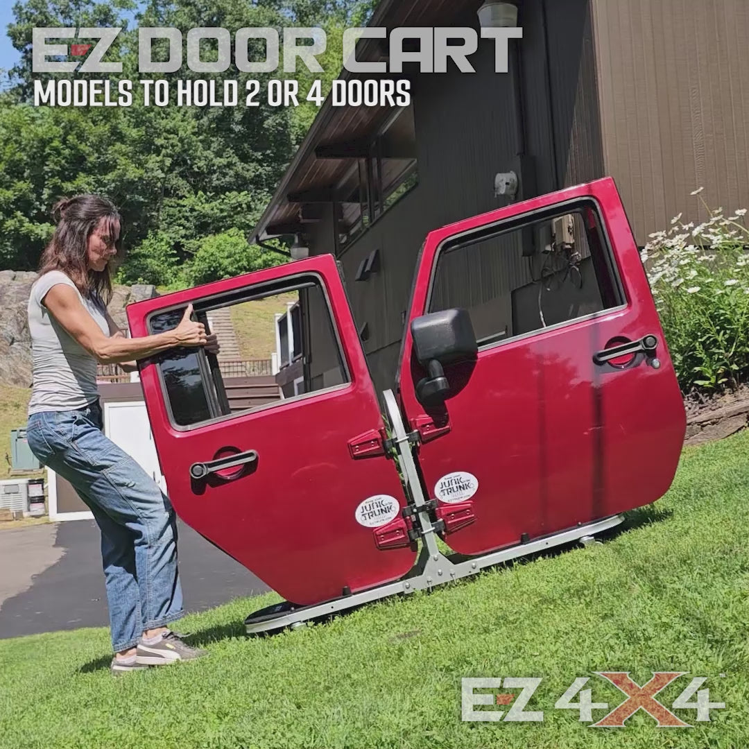 A square video montage showcasing the EZ4X4 door cart in action. It captures the process of securing four Jeep doors onto the cart, highlighting the protective contact points and how easily the cart maneuvers on a variety of surfaces.