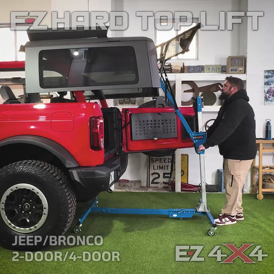 Video demonstration of the EZ4X4 Hard Top Remover Lift safely removing the hard top from a red two-door Ford Bronco.