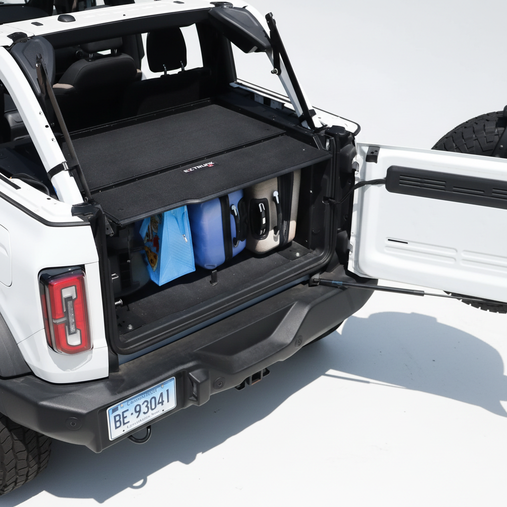 EZ4X4 Extreme EZTRUNK installed in a white Jeep Wrangler, shown with luggage stored securely in the open cargo area.