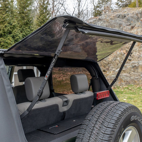 Closer view of EZWindow slanted for soft-top Jeep Wranglers, showing improved ventilation and rear access.
