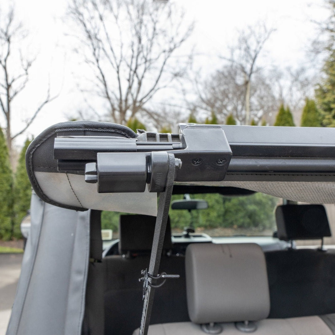 Front view showing how EZWindow attaches and stabilizes soft-top frame, providing secure fit and added support.
