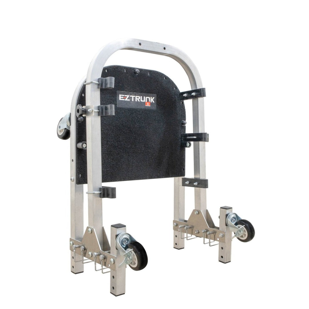 Close-up of EZ4X4 aluminum rolling door cart compacted against white background, showing space-saving storage design.