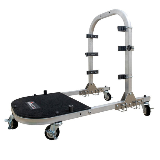 Expanded, empty EZ4X4 aluminum door cart against white background, showing durable frame and ready-to-use storage design.